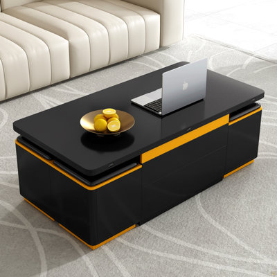 Table basse à plateau relevable avec tabourets de rangement, table centrale avec plateau pliable, table basse réglable multifonctionnelle