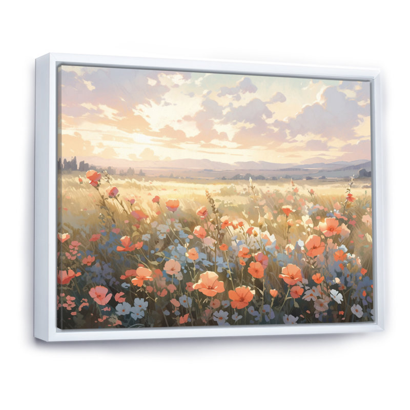 Corail, beige, prairie sauvage, art floral sur toile I, H 24 po x l 32 po x P 1 po, Cadre flottant blanc