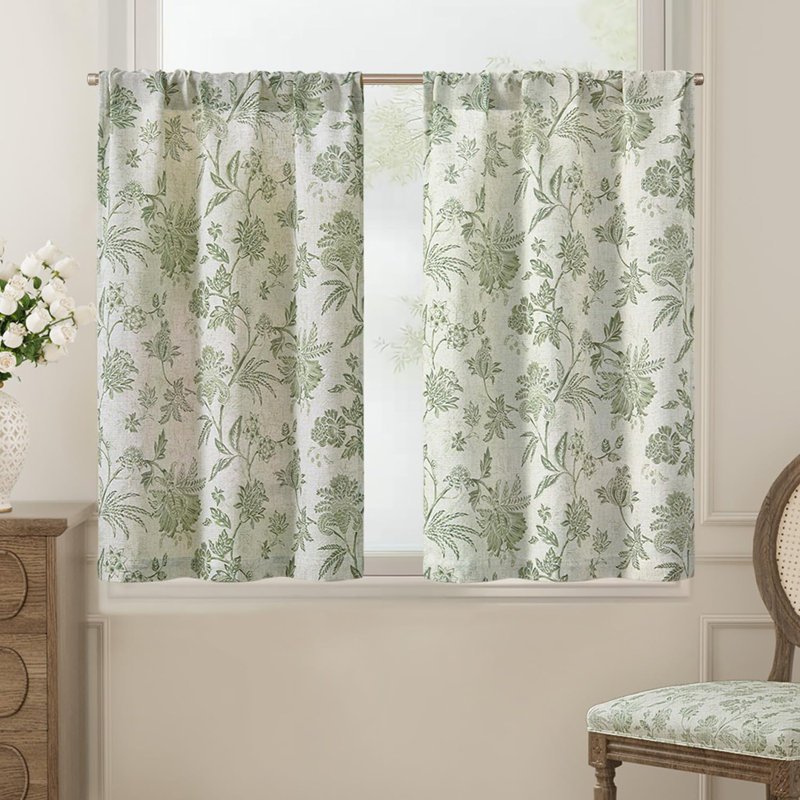 Linen Floral Kitchen Curtains Rod Pocket Tier Curtains, 26" W x 24" L, Green