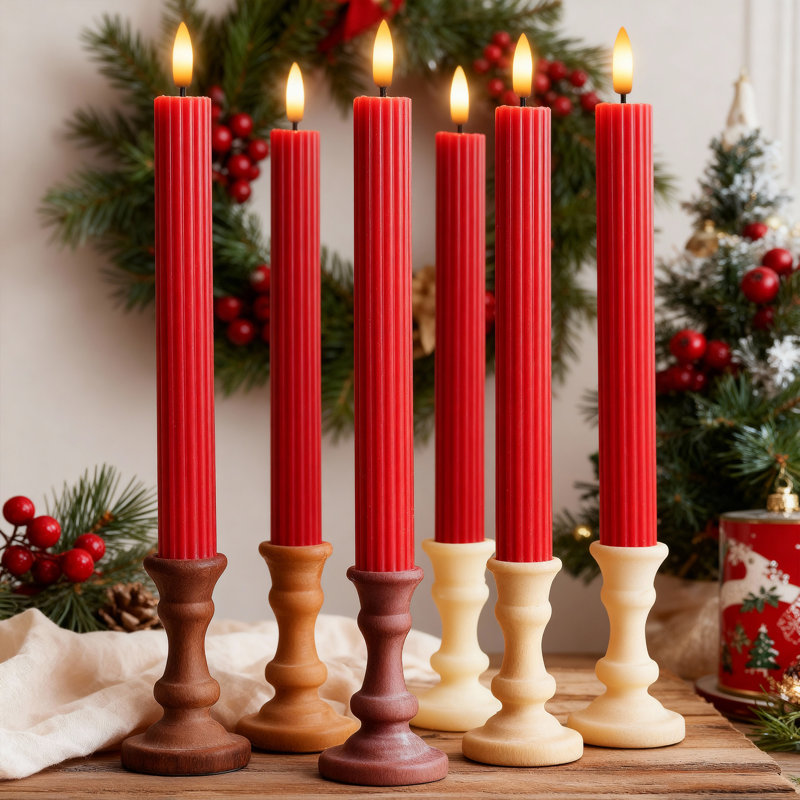 Fluted Ribbed Grooved LED Flameless Taper Candles, Remote, On/Off Button, Battery Operated, 12 Pack, Red