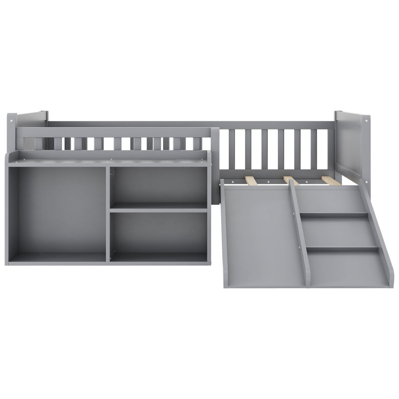 Lit mezzanine bas pour lit simple avec glissade, rangement mobile et bois massif gris, espace de sommeil agréable pour la chambre à coucher