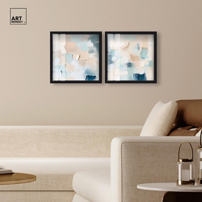 Softness of Slice Set Shadowbox Print Blue And Sage Wall Decor Set by Art Remedy, Black Frame, 12 x 12