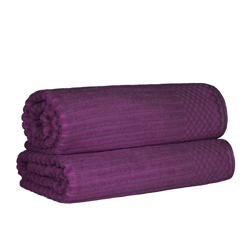 Ruvins Cotton Highly Absorbent Solid and Checkered Border Bath Sheet Set, Plum