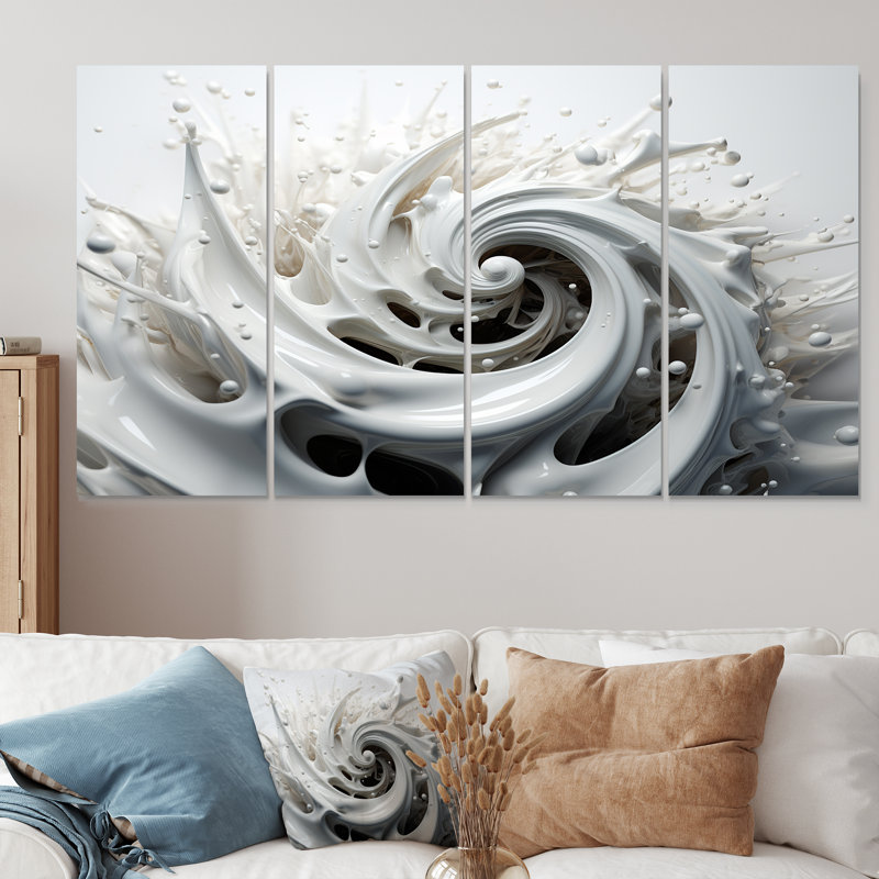 Liquide, tourbillon en noir et blanc II - spirales abstraites, art mural pour le salon, 4 pièces, H 28 po x l 48 po