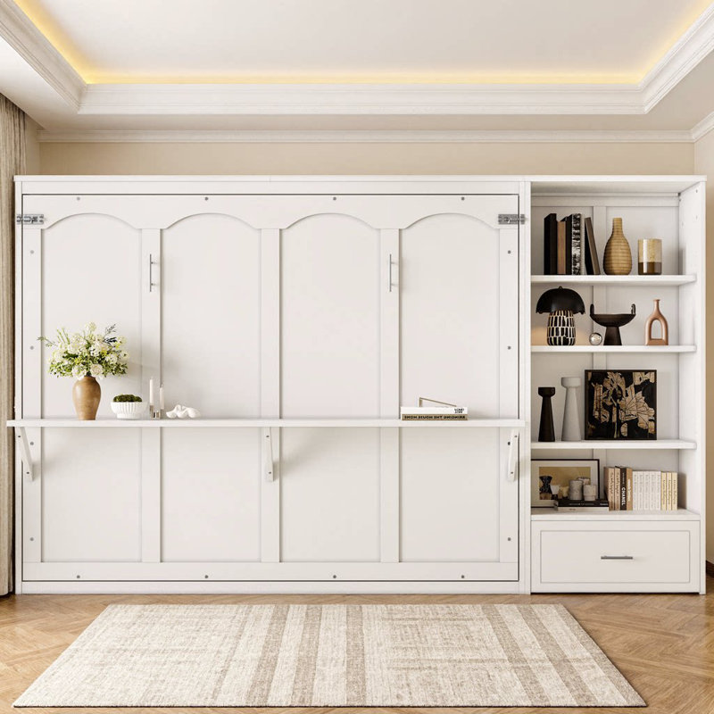 Elegant Queen Size Murphy Bed with Adjustable Storage & Shelf - Space-Saving Wall Bed with Drawer for Bedroom or Guest Room