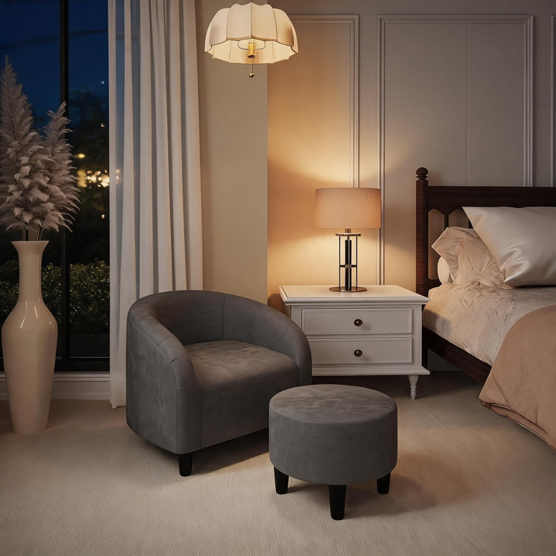 Fauteuil d'appoint en velours tonneau avec repose-pieds, Gris