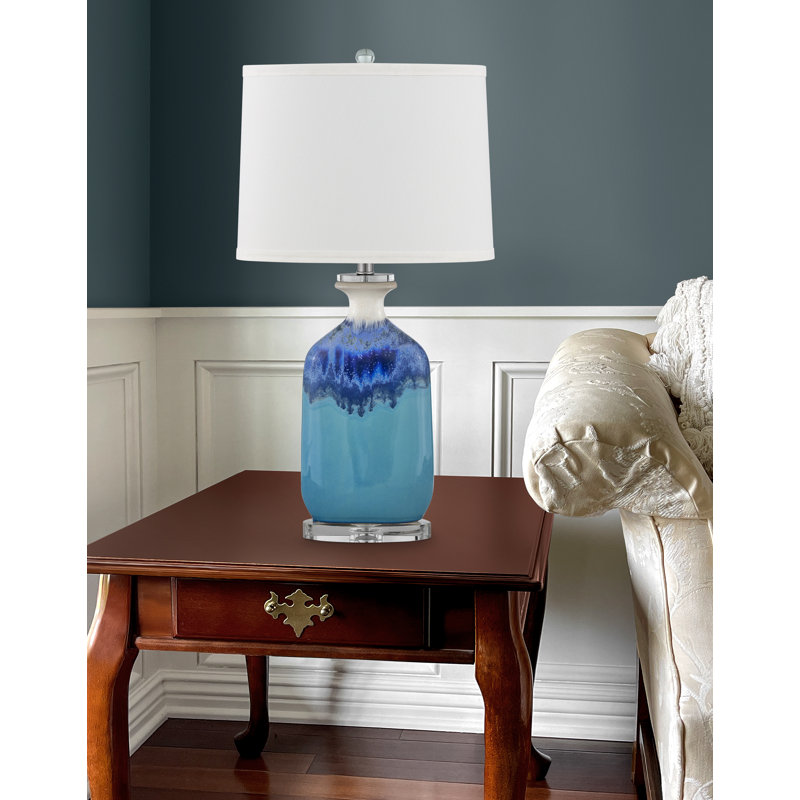 Lampe de table USB en céramique, Bleu / blanc