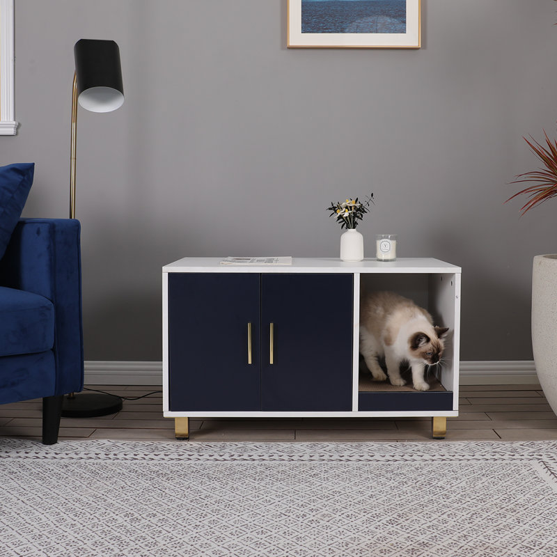Enceinte pour chat cachée avec portes de remorquage et grattoir pour chat, H 20,05 po x l 33,46 po x P 18,51 po, Bleu / blanc