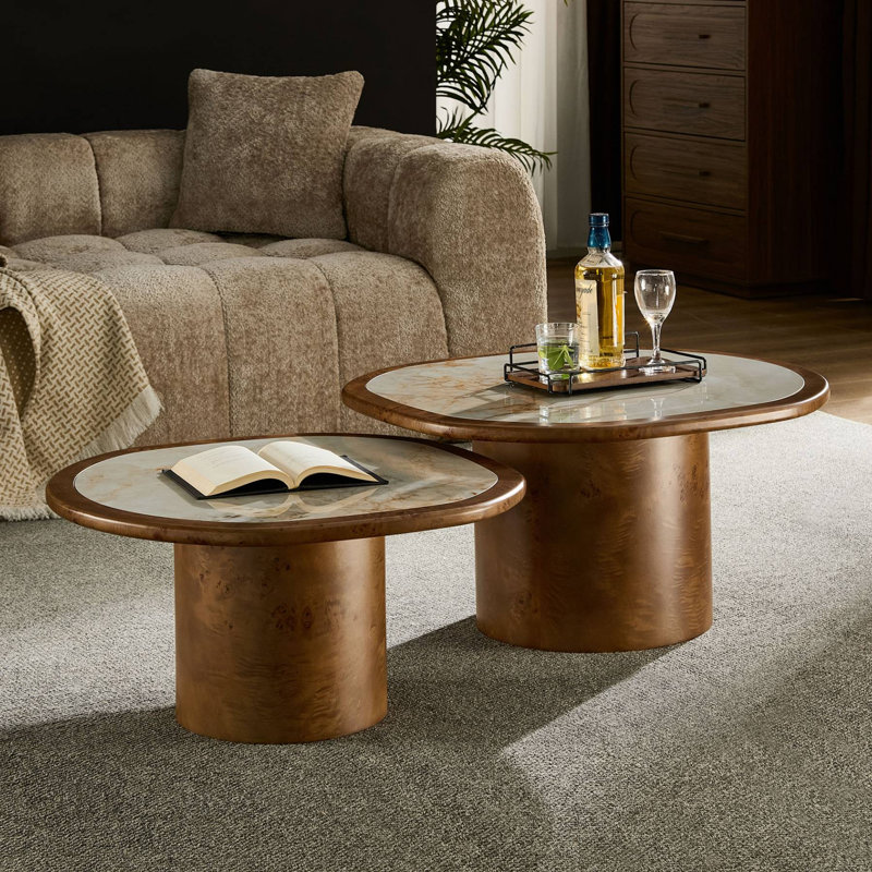 2PCS Irregular MDF Coffee Table Set, Beige/Walnut