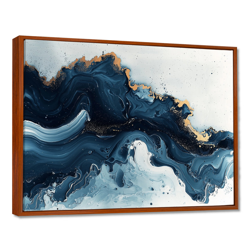 Art sur toile à l'encre liquide dorée et bleue céleste IV, Brun, Cadre flottant, H 16 po x l 32 po