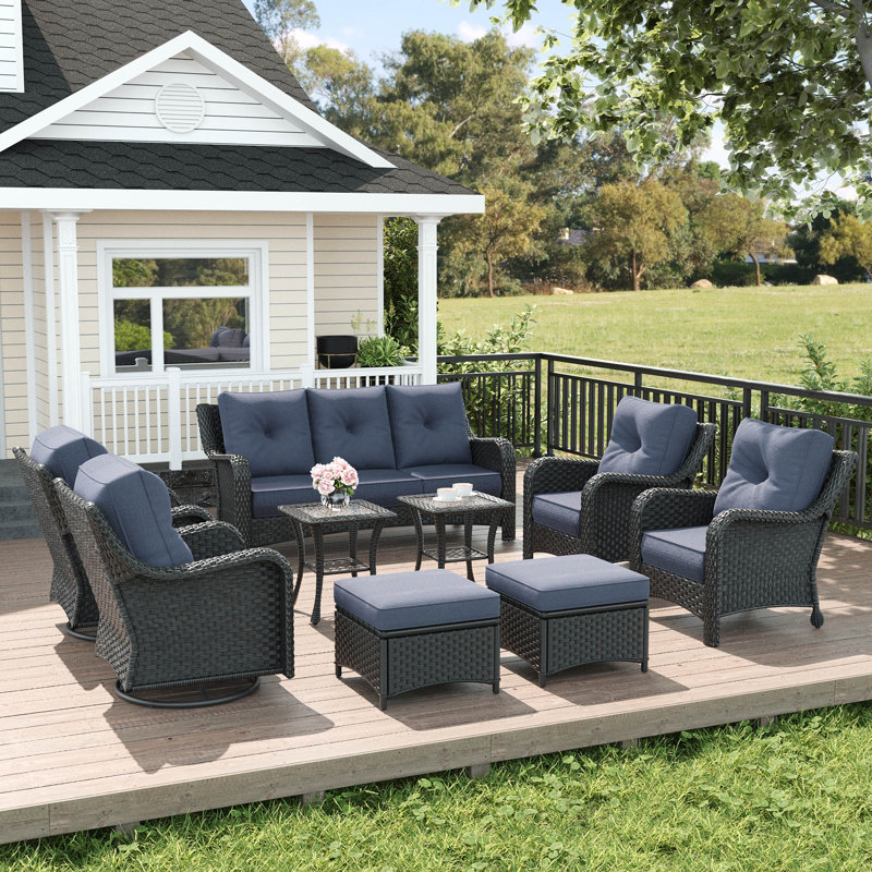  9 Piece Wicker Outdoor Furniture Set with 6-inch Comfy Cushions, High Back Patio Furniture Set with Swivel Rocking Chairs and Side Table