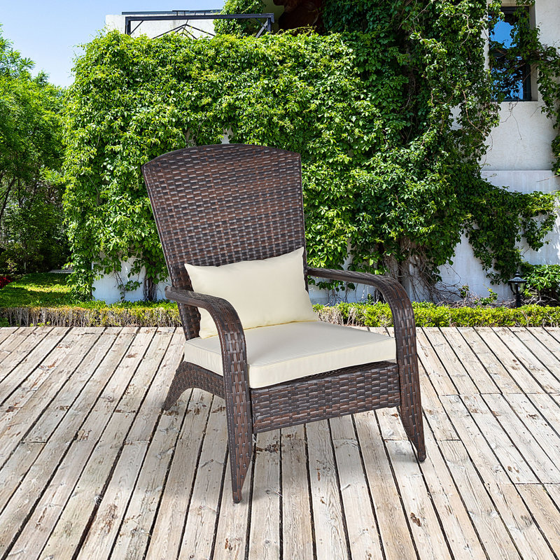 Alaizah Outdoor Rattan Adirondack Deck Chair Armrest Lounge Chair w/ Cushion, Brown, Light Gray