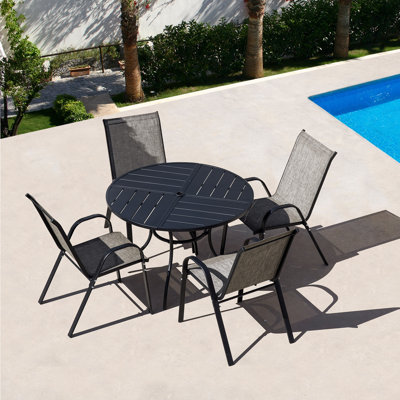  Ensemble de salle à manger 5 pièces pour patio avec table ronde de 41,4 po et 4 chaises de patio empilables en textilène pour le jardin près de la piscine