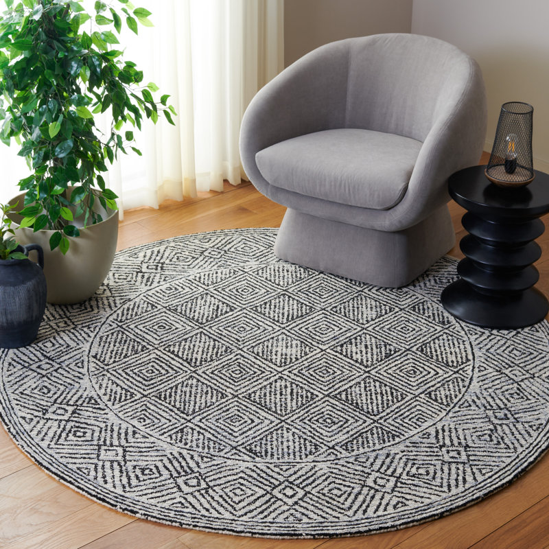 Ebony Hand Tufted Wool Pile Geometric Rug, Round 6'