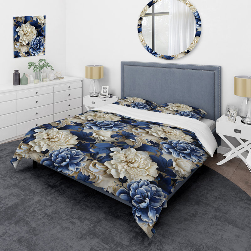 Literie à motif de feuillage victorien bleu cobalt III, Housse de couette pour grand lit et 2 taies décor