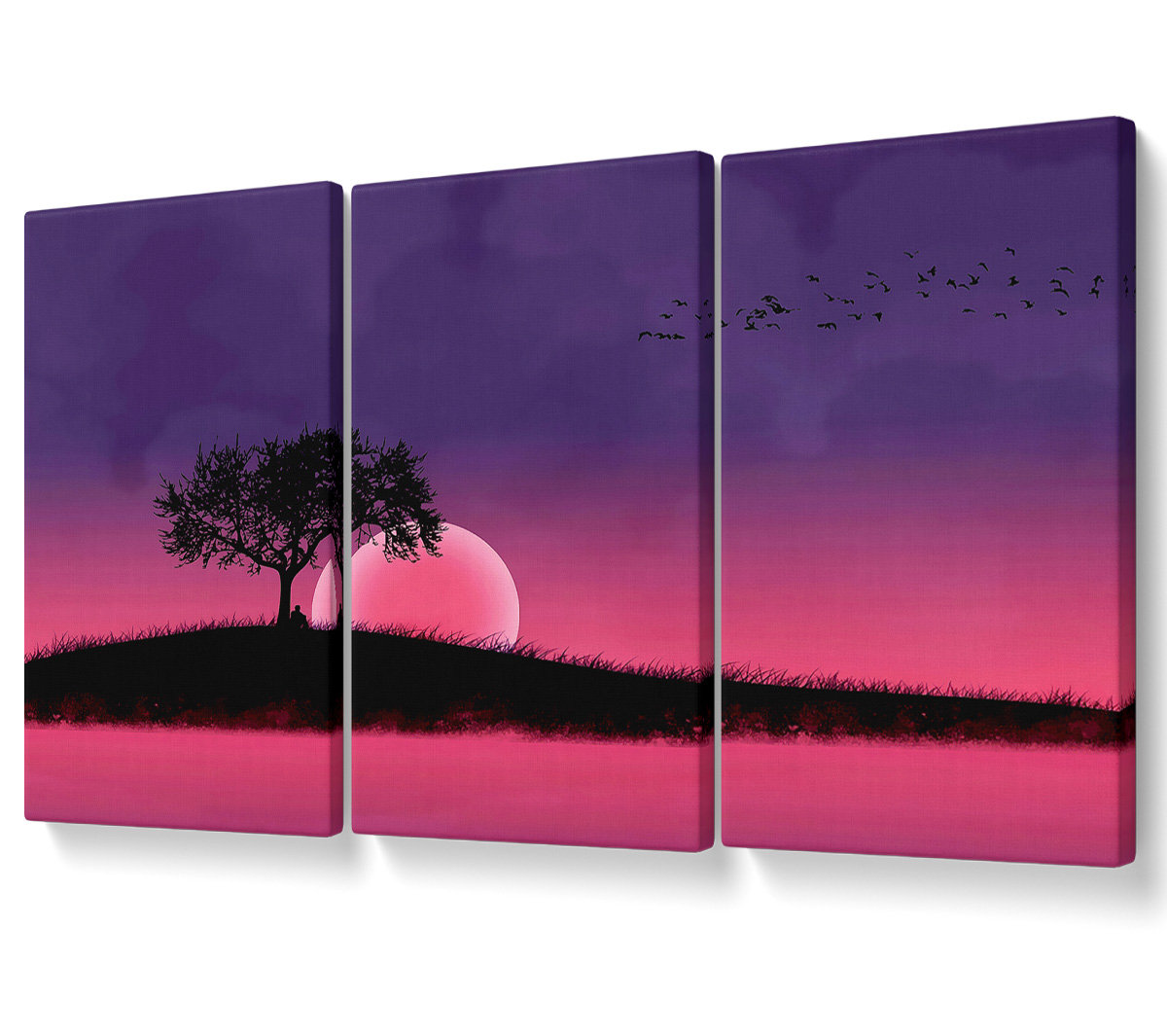 Ebern Designs Pink Moonlit River - 3 Piece Wrapped Canvas Graphic Art ...