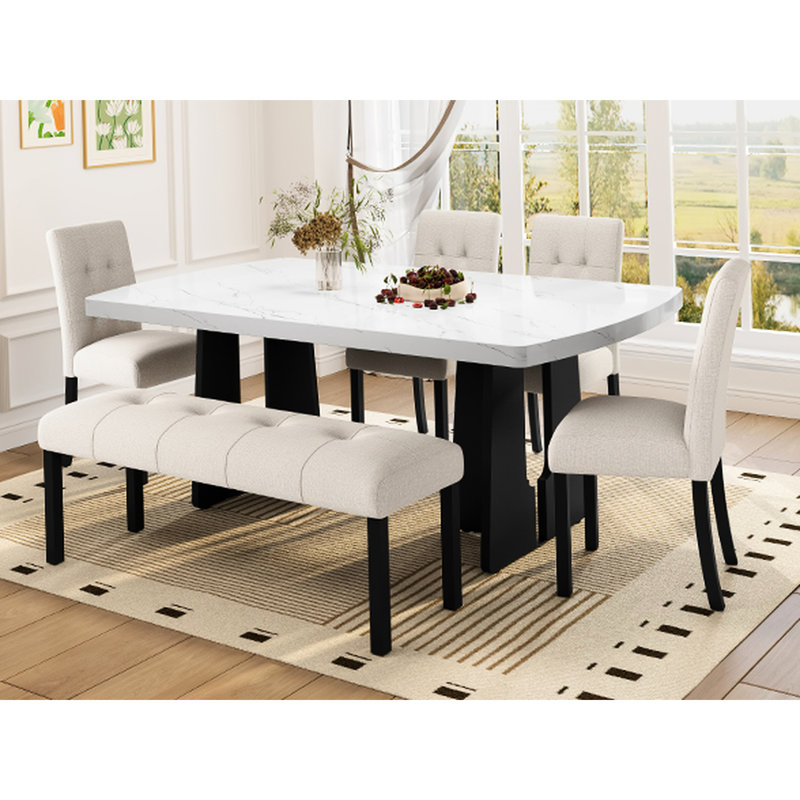 Ensemble de table de salle à manger moderne 6 pièces, table de salle à manger en faux marbre 63 "avec pieds géométriques, 4 chaises rembourrées et 1 banc, facile à assembler, beige et blanc