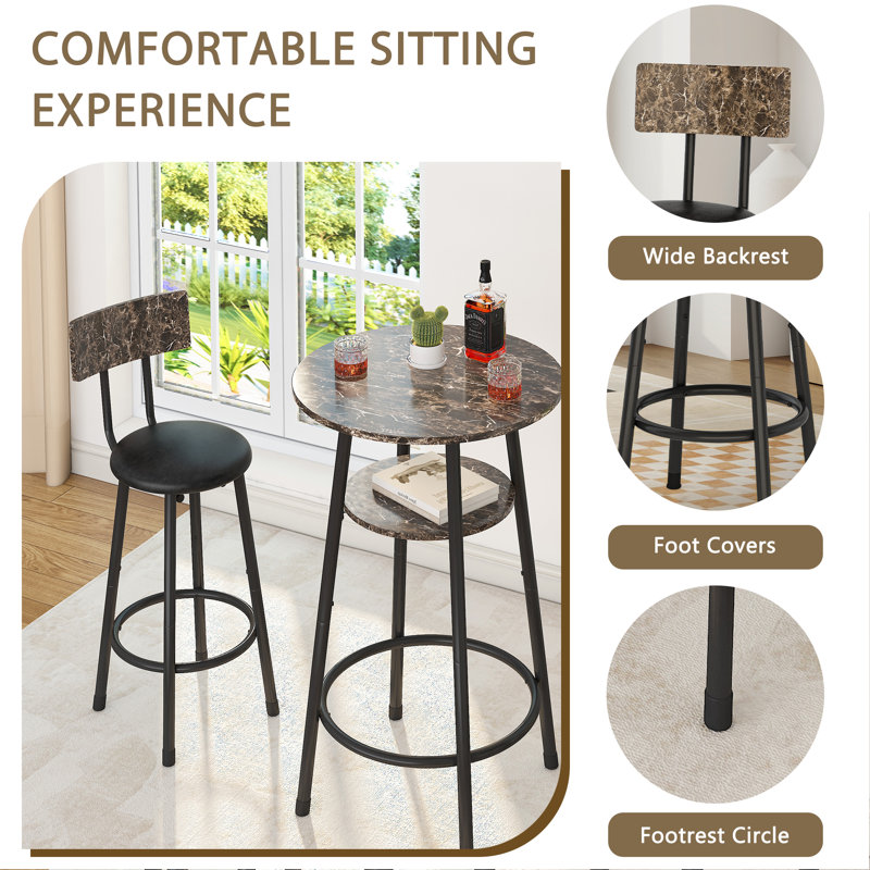 3-Piece Bar Table Set For 2, Small 2-Tier Round Bistro Pub Dining Table & PU Upholstered Stools With Backrest, Black, Black