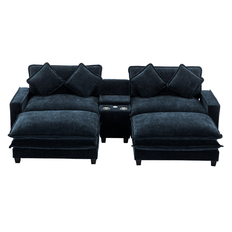 4 - Seat Blue , Double Cushion, Ports, Cup Holders, And Removable Ottomans For Relaxation Comfort Living Room, Blue