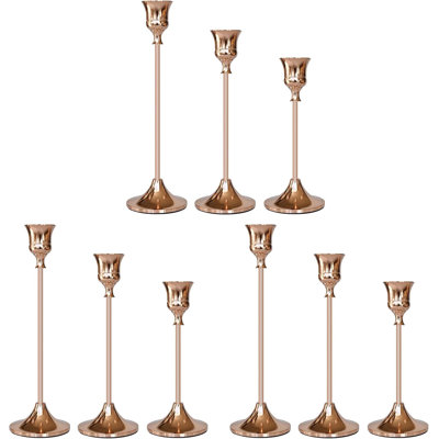 Rose Gold Taper Candle Holders Set Of 9, Sturdy Aluminum Alloy Candlestick Holders For Home Decor, Wedding, And Centerpieces With Anti-Slip Base