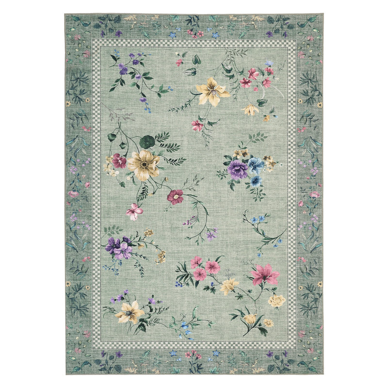 Washable Area Rugs for Living Room Modern Floral Bedroom Rugs for Dining Room OfficeContemporary Home Decor Rug, Green