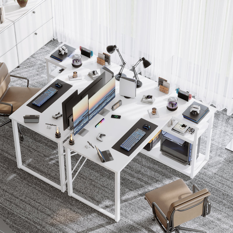 Ambus L Shape Computer Desk, Right Hand, White/Beige, 110cm W x 80cm D