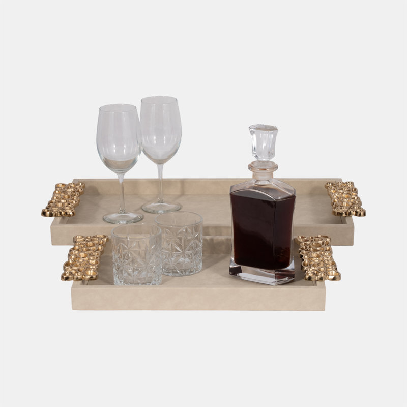Ivory/Gold Wood Rectangle Decorative Tray