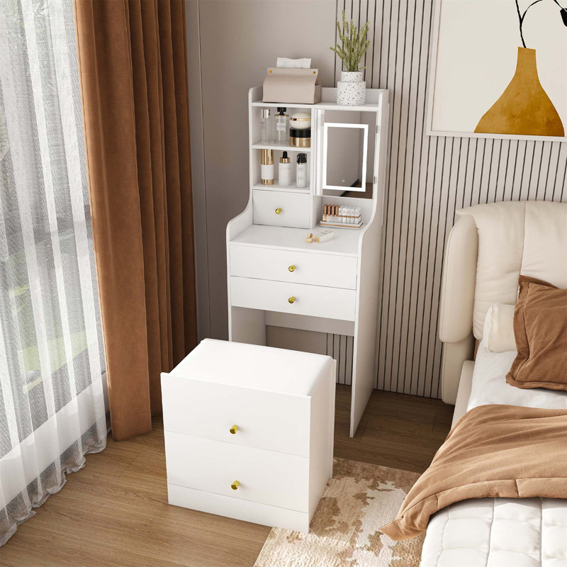 Coiffeuse 3 en 1 avec miroir à DEL, tabouret de rangement et bibliothèque pour l'organisation de la chambre à coucher et une utilisation multifonctionnelle