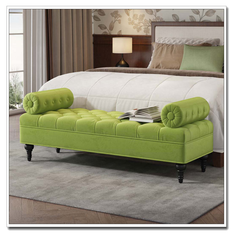 Bedroom Bench,Bench for End of Bed,Velvet Upholstered Bench with 2 Detachable Pillows,Comfy Upholstered Footstool,Ottoman for Bedroom,Living Room, Entryway