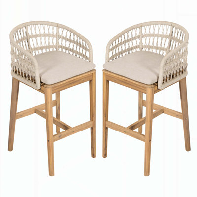 Ensemble de tabourets de bar robustes en bois et en corde avec coussins confortables, idéal pour les cours, les patios et les espaces de loisirs intérieurs