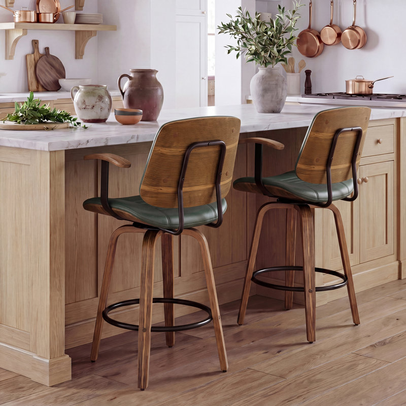 Toriano Modern Faux Leather Swivel Counter Stools With Arms, Green