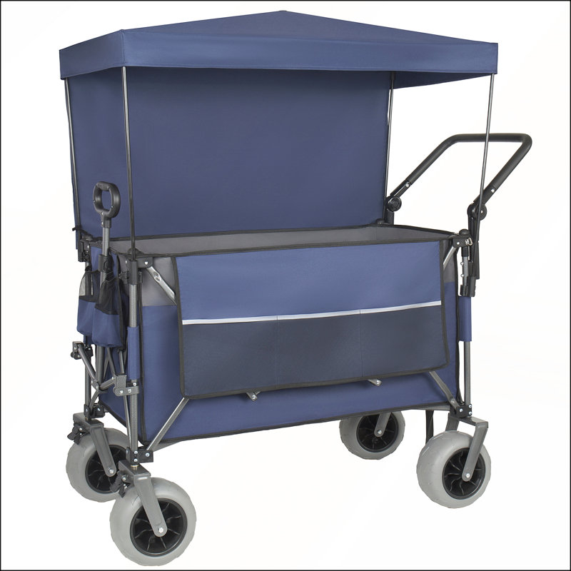 Chariot pliable multifonctionnel à roulettes avec poignée rotative, auvent et pneus de plage 9 x 4 pour une utilisation extérieure