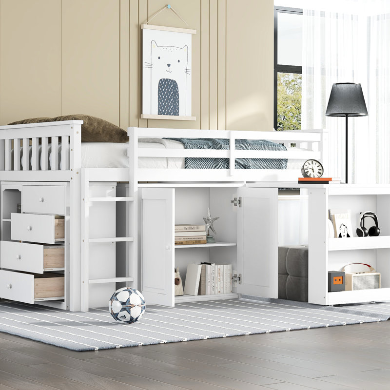 Lit mezzanine simple blanc avec armoires de rangement pratiques - armoire, tiroir, tablette, bureau coulissant, Blanc