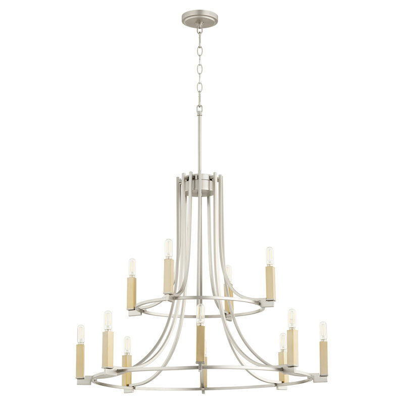 Lustre étagé de style bougie à 12 lumières Analie, Nickel satiné