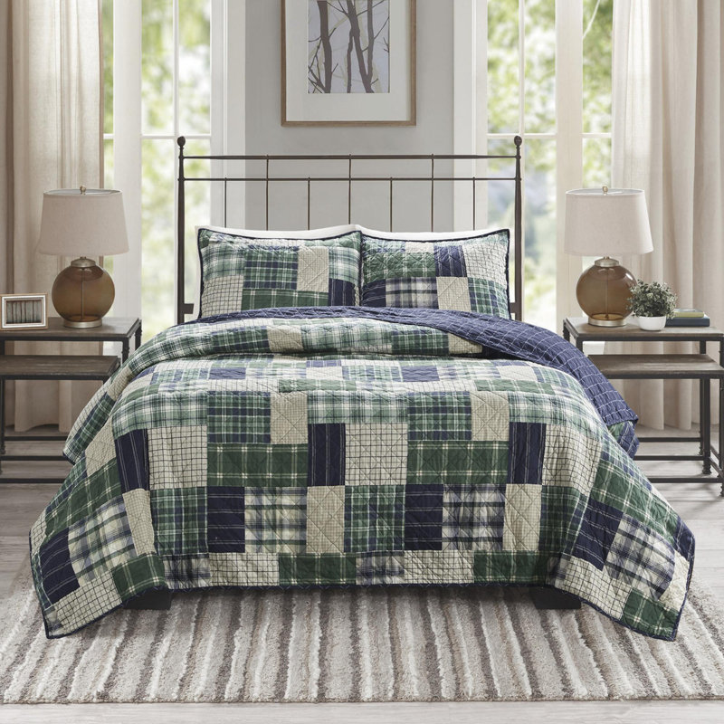Microfiber Printed Quilt 3 piece set, Full Bedspread + 2 Standard Shams, Green;Navy