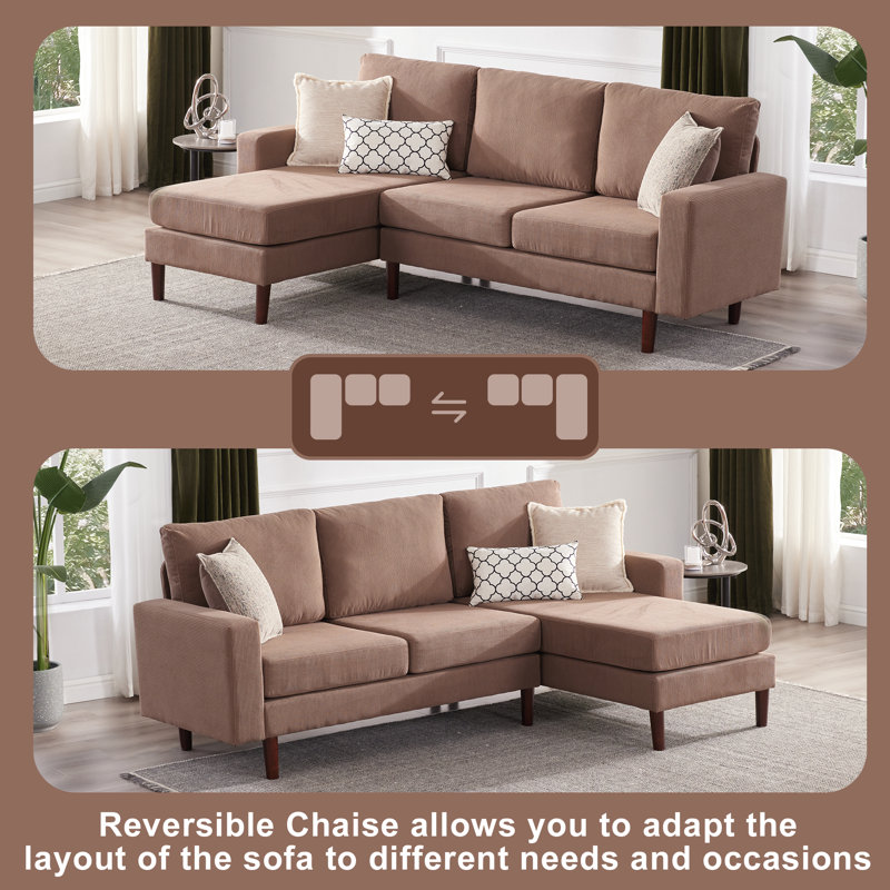 88.09" W Corduroy L-Shaped Sectional, Brown Corduroy