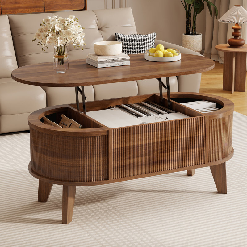 Table basse à plateau relevable avec rangement Lyra, table basse ovale en bois moderne, table basse en noyer pour le salon, l 38,6 po x P 18,9 po x H 18,5 po