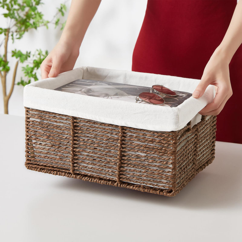 Wicker Storage Baskets, 6 Pack Rectangular Baskets With Handle For Organizing, Cube Storage Bins For Closet/Clothes/Dresser, Brown
