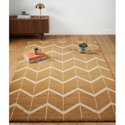 Or | Tapis d'intérieur beige géométrique en laine noué à la main