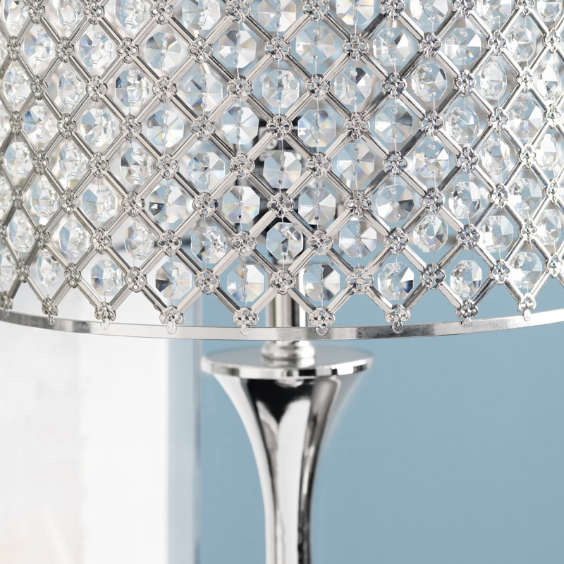 Lampe de table en nickel poli avec abat-jour tambour en métal et cristal