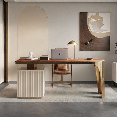 Modern Minimalist Luxury Wood Desk with Stainless by Everly Quinn