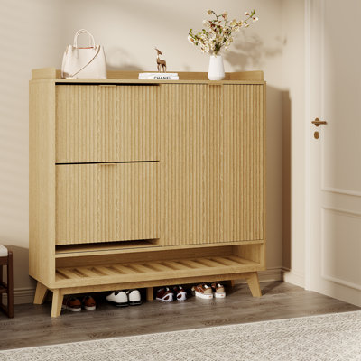 Oak Color Fluted Shoe Cabinet for Entryway - Narrow Freestanding Wooden Organizer with Sliding Door - 2 Turn over-style Drawers, Adjustable Shelves, Open Bottom Shelf, Shoe Rack - Oak Color