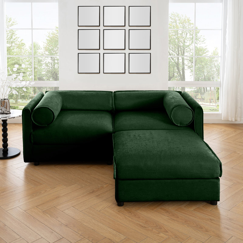 Eliezer 2-Seater Chenille Sectional Sofa with Ottoman, Chenille verte