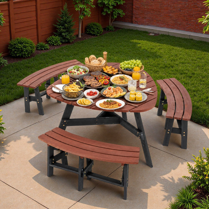 Ensemble de table de pique-nique extérieur 6 personnes avec pieds noirs, 3 bancs intégrés et trou de parasol central