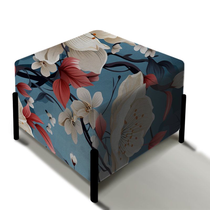 Repose-pieds carré beige et bleu à motif japonais Tranquility
