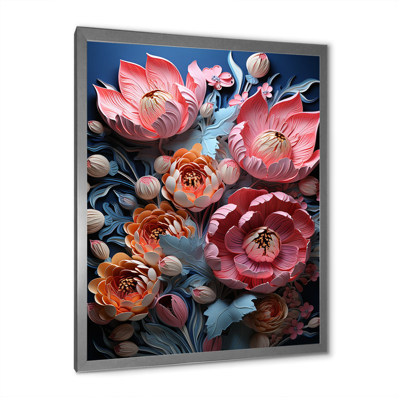 Tulipes néon, collage sur toile, Cadre simple argenté, H 40 po x l 30 po x P 1,5 po
