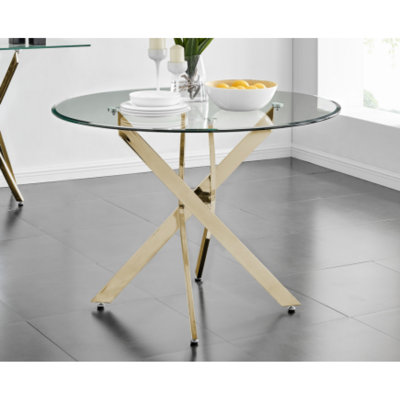 Table ronde moderne en verre, 35,43 pouces de verre trempé avec un cadre argenté. Ensemble de table de cuisine pour salle à manger, table de fête, table de conférence, salon, bureau, café, cuisine à domicile, chambre à coucher