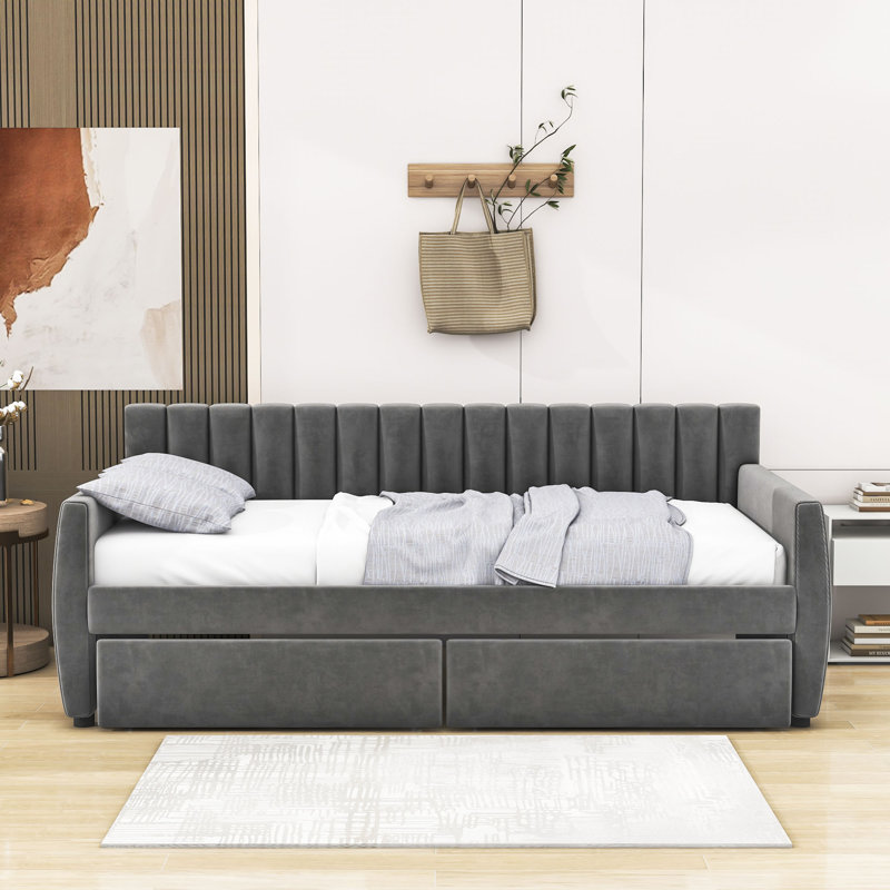 Lit de jour simple tapissier 2 tiroirs, gris