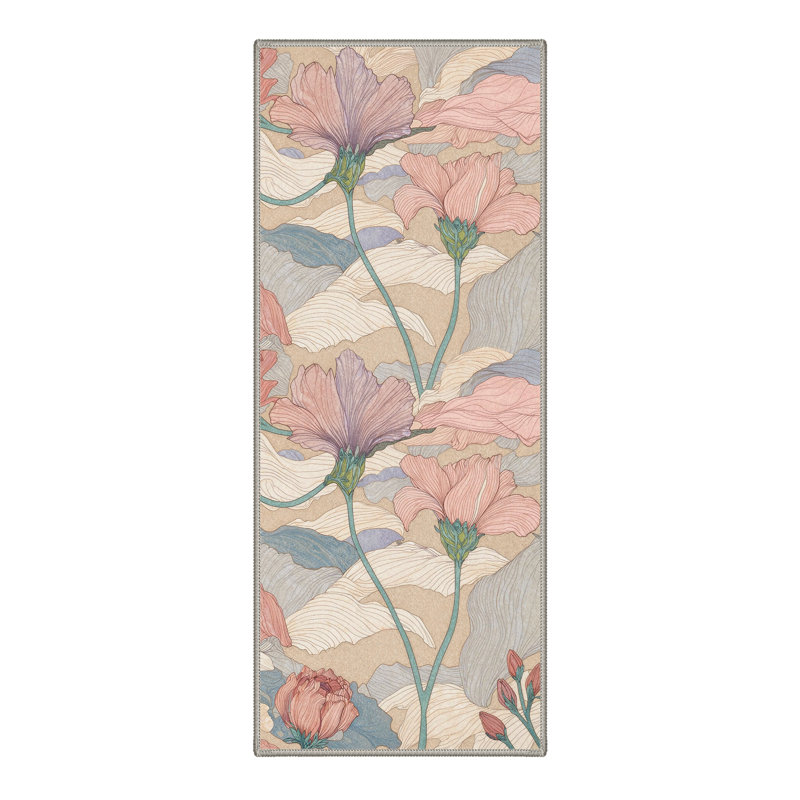 Botanique Floral Machine Washable Beige / Pink / Blue / Green Indoor Area Rug with Non-Slip Backing, Runner 2' x 6'