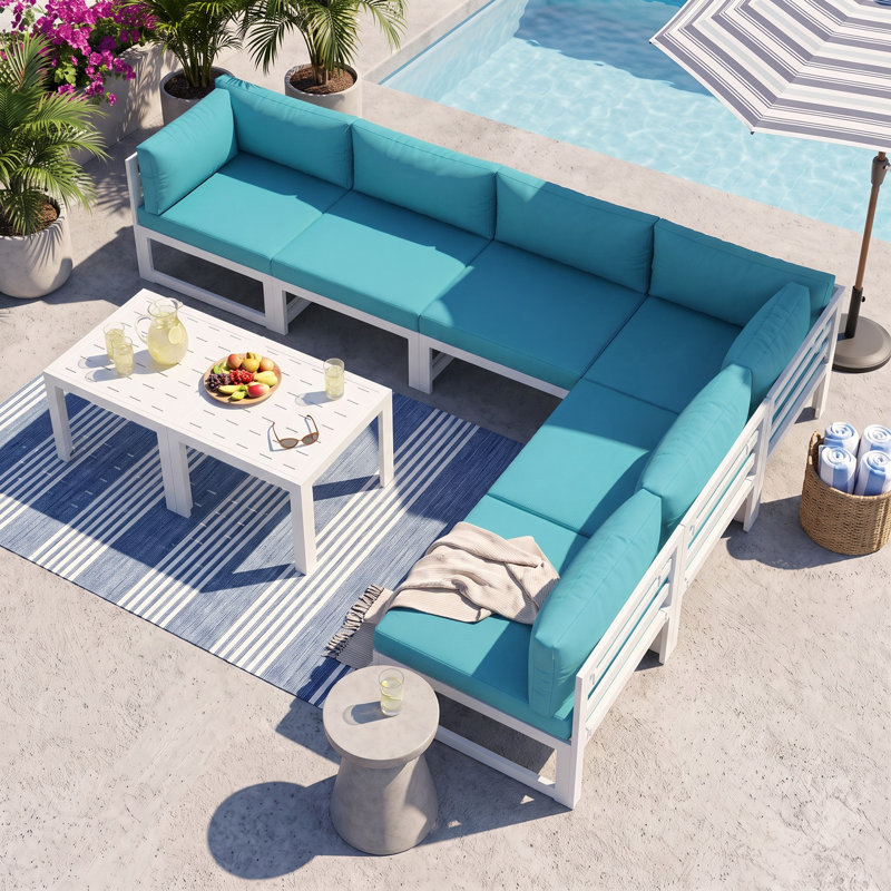 Gilemette 8-Piece Modern Aluminum Outdoor Sectional Seating Group with Cushions & Coffee Table, Rust-Resistant Patio Conversation Set